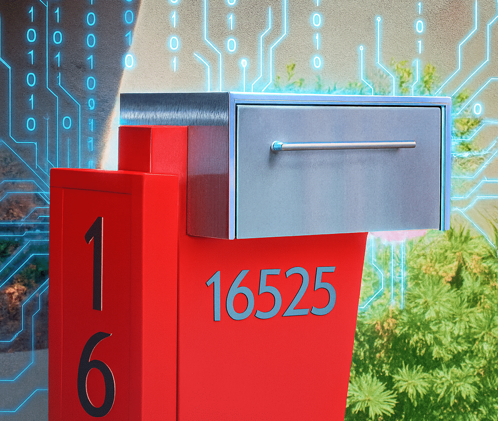 Futuristic red mailbox with stainless steel top, glowing binary code, and circuit patterns symbolizing digital communication.